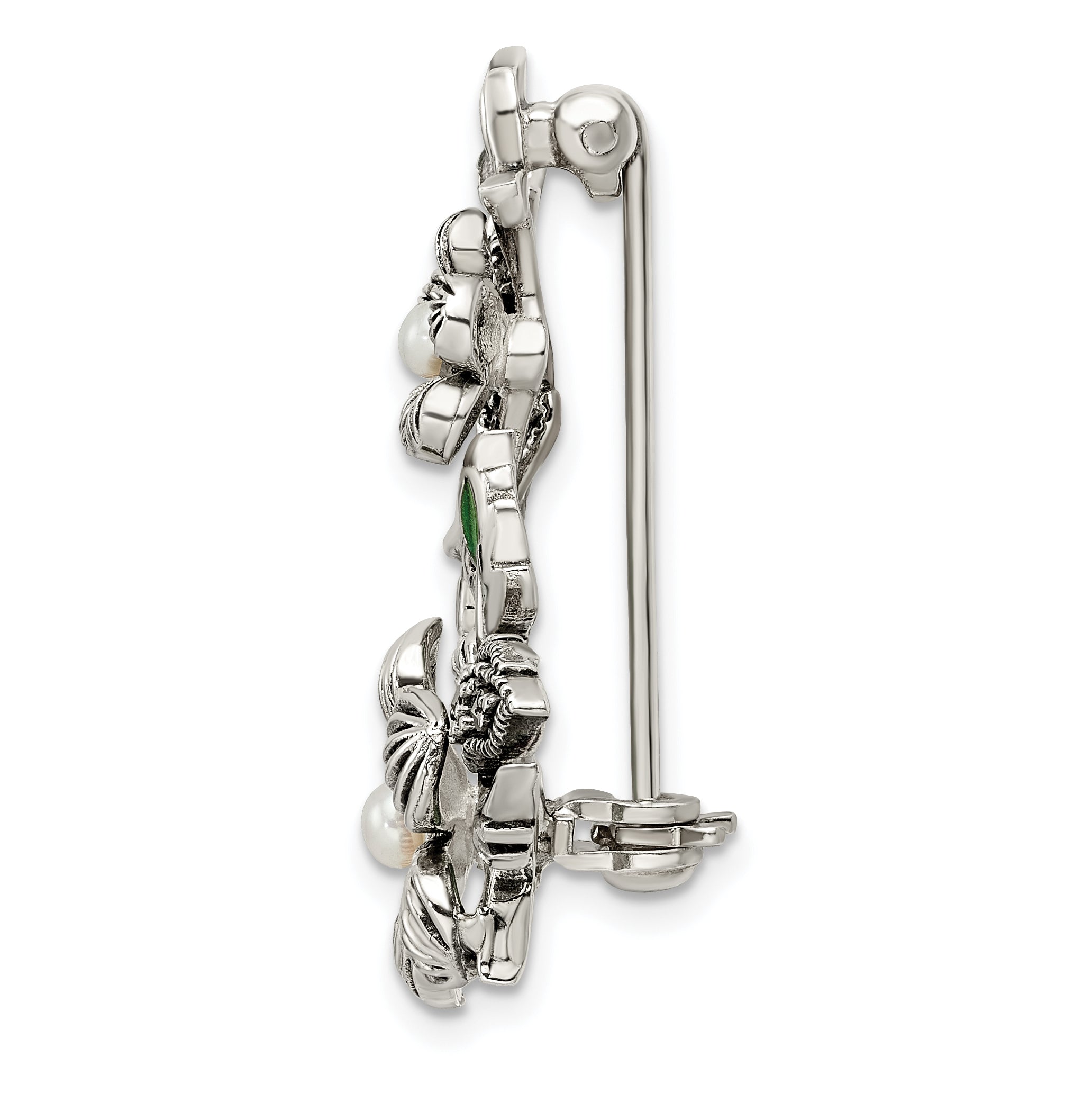 Sterling Silver Antiqued Freshwater Cultured Pearl Green Enamel Marcasite Floral Pin Brooch Secondary image