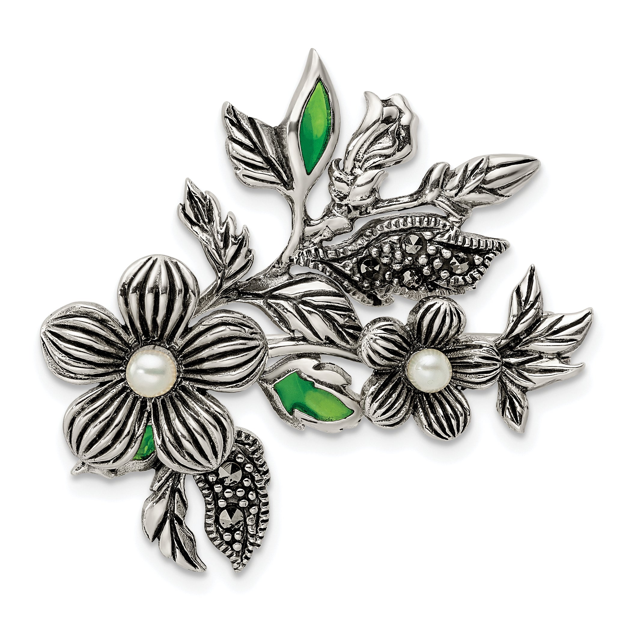 Sterling Silver Antiqued Freshwater Cultured Pearl Green Enamel Marcasite Floral Pin Brooch Main image