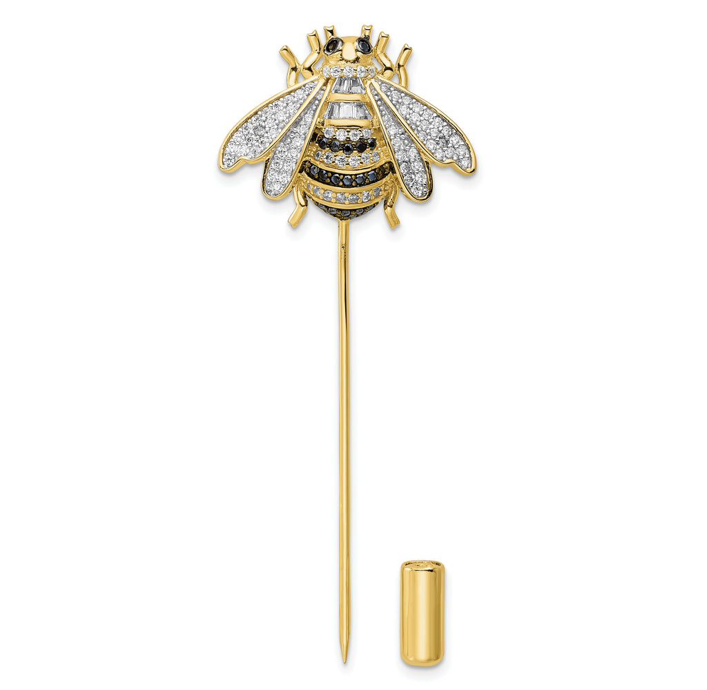 Sterling Silver Rhodium-plated Gold Tone Black and Clear CZ Bumblebee Pin