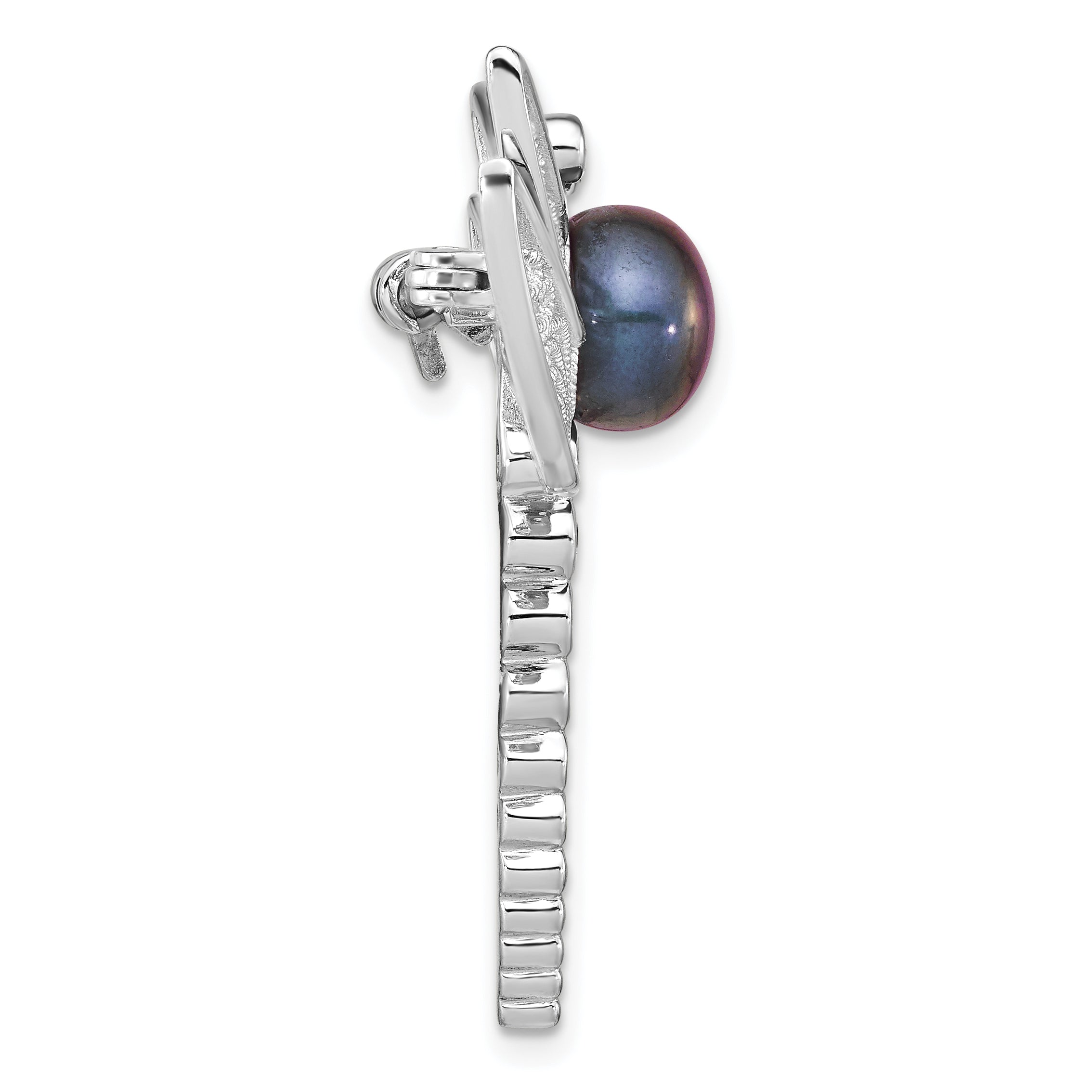 Sterling Silver Rhodium-plated 8-9mm Black Button Freshwater Cultured Pearl and CZ Dragonfly Brooch Secondary image