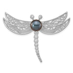 Sterling Silver Rhodium-plated 8-9mm Black Button Freshwater Cultured Pearl and CZ Dragonfly Brooch