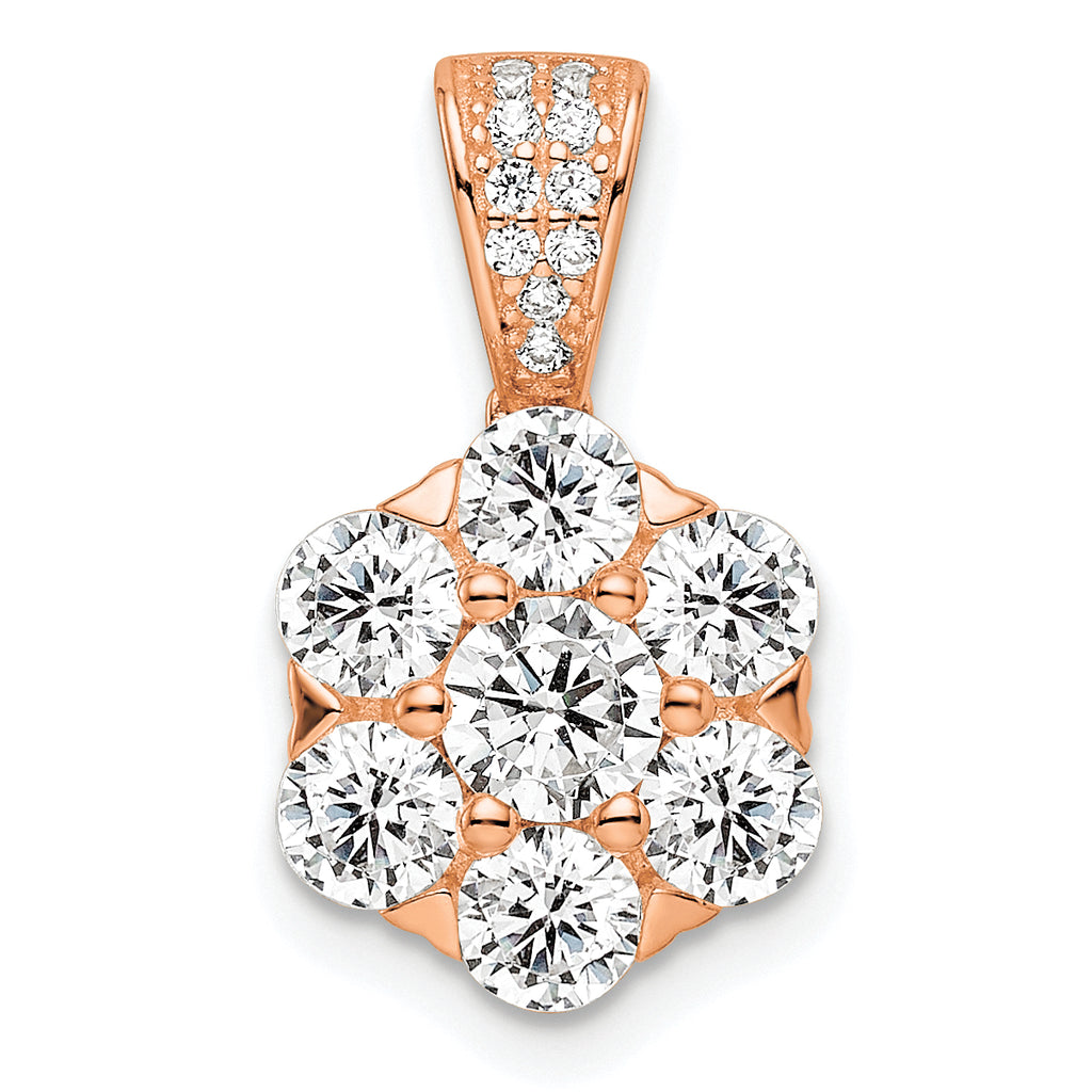 Sterling Silver Polished Rose-tone CZ Flower Pendant