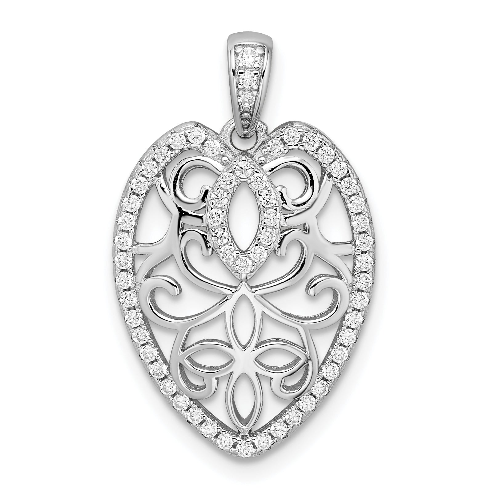 Sterling Silver Rhodium-plated CZ Filigree Leaf Pendant Main image