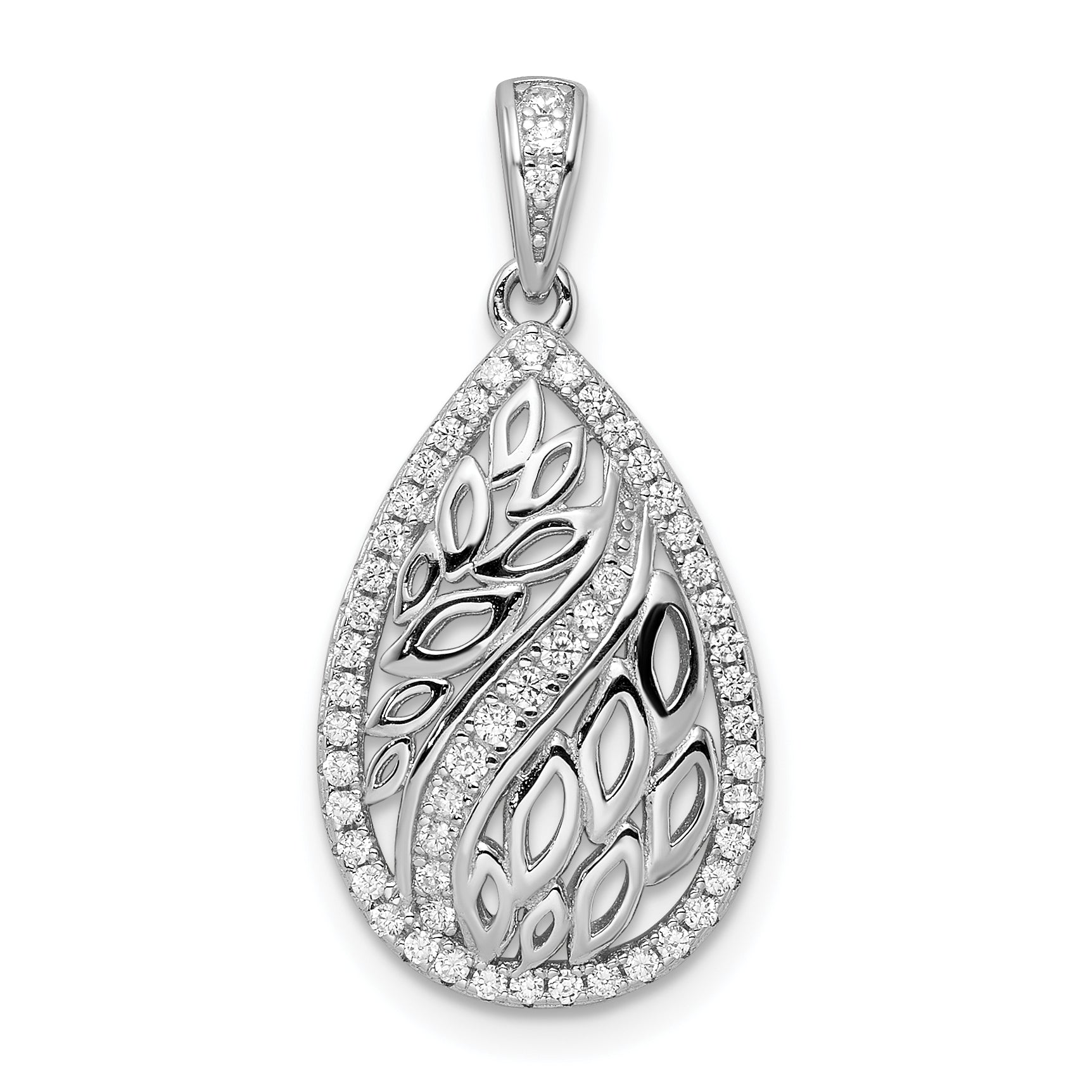 Sterling Silver Rhodium-plated Leaves and CZ Teardrop Pendant Main image