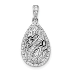 Sterling Silver Rhodium-plated Leaves and CZ Teardrop Pendant