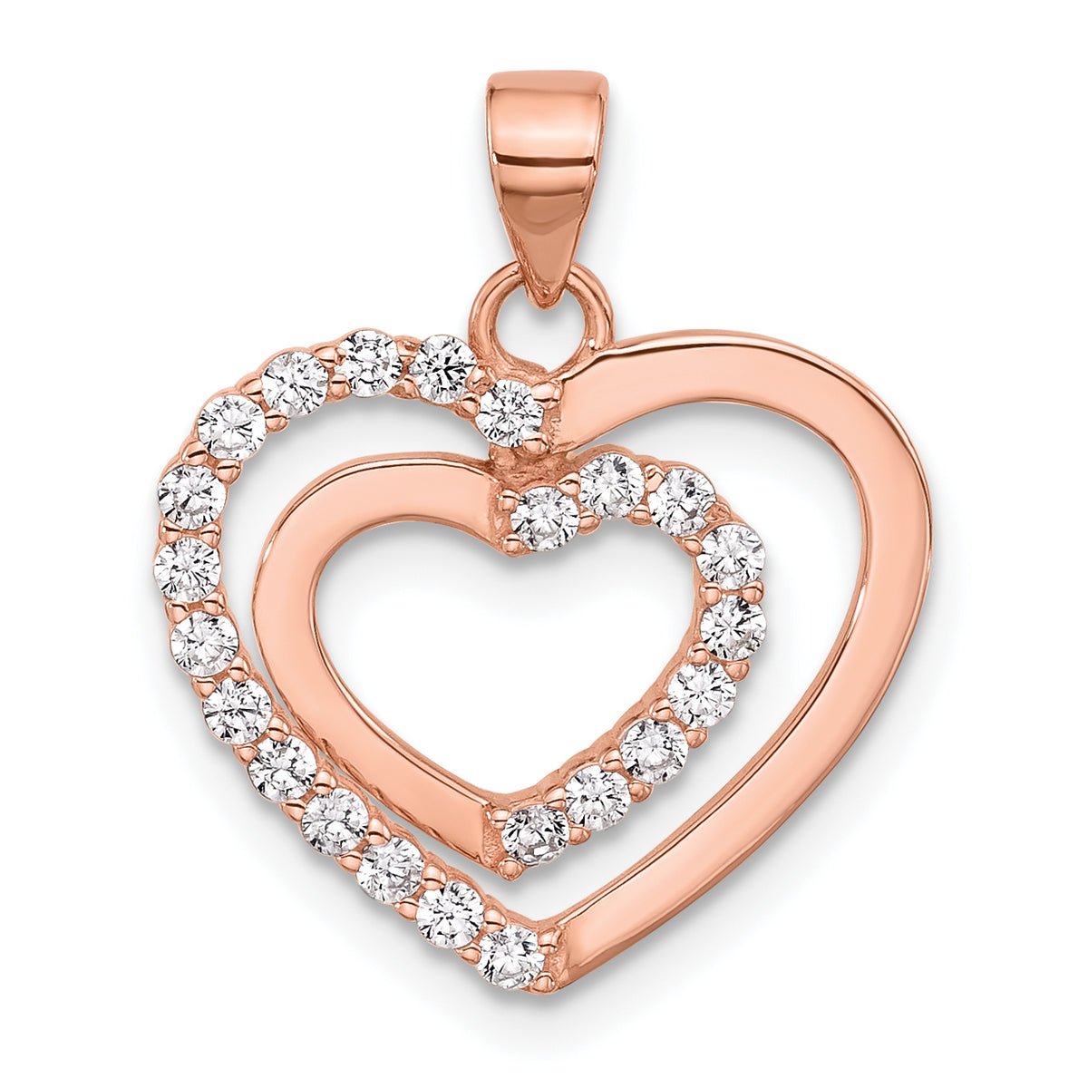 Sterling Silver Rose Tone CZ Double Heart Pendant