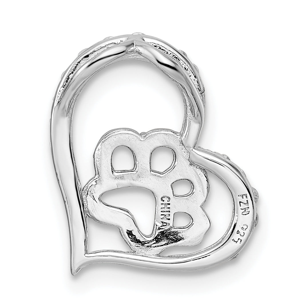 Sterling Silver Bk/Wht CZ Rhod-plated Paw Print Heart Chain Slide