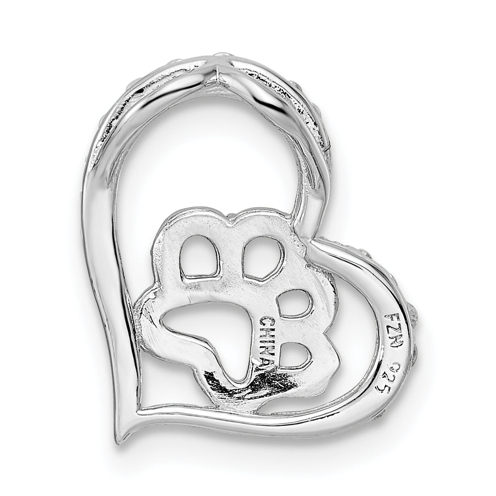 Sterling Silver Bk/Wht CZ Rhod-plated Paw Print Heart Chain Slide
