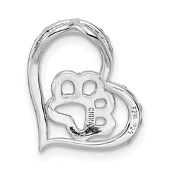 Sterling Silver Bk/Wht CZ Rhod-plated Paw Print Heart Chain Slide
