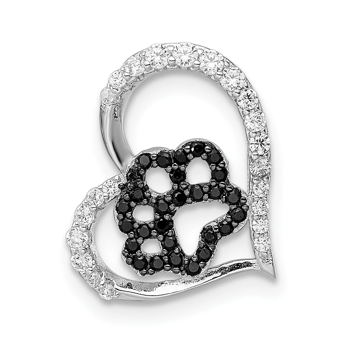 Sterling Silver Bk/Wht CZ Rhod-plated Paw Print Heart Chain Slide Main image