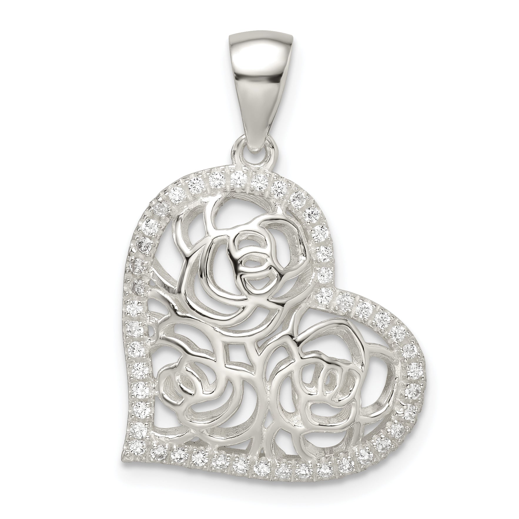 Sterling Silver CZ Roses in Heart Pendant Main image