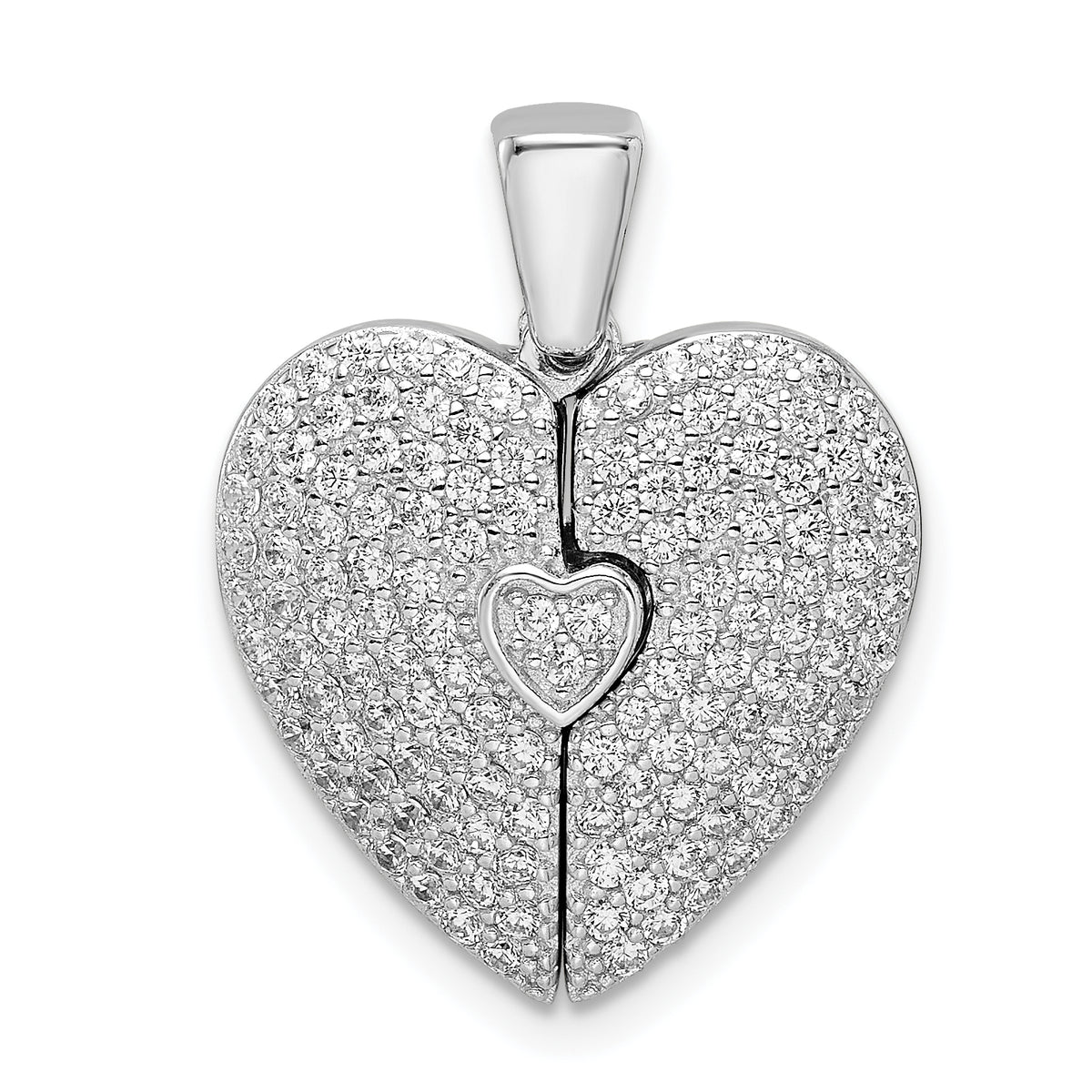 Sterling Silver Polished Rhodium-plated CZ Opening Heart Pendant
