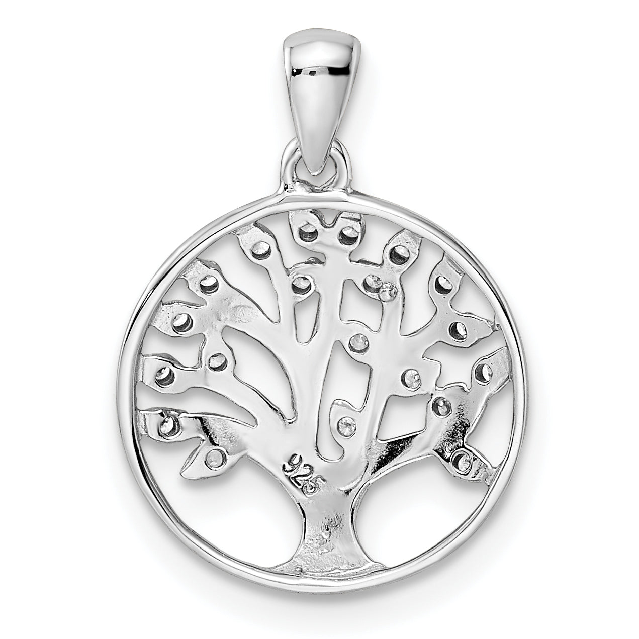 Sterling Silver Rhodium-plated Polished CZ Tree of Life Pendant