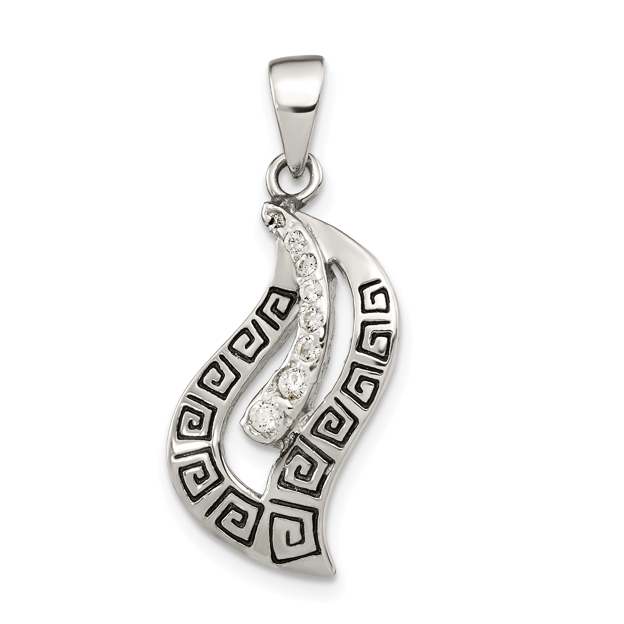 Sterling Silver Polished Enamel CZ Greek Key Pendant Main image