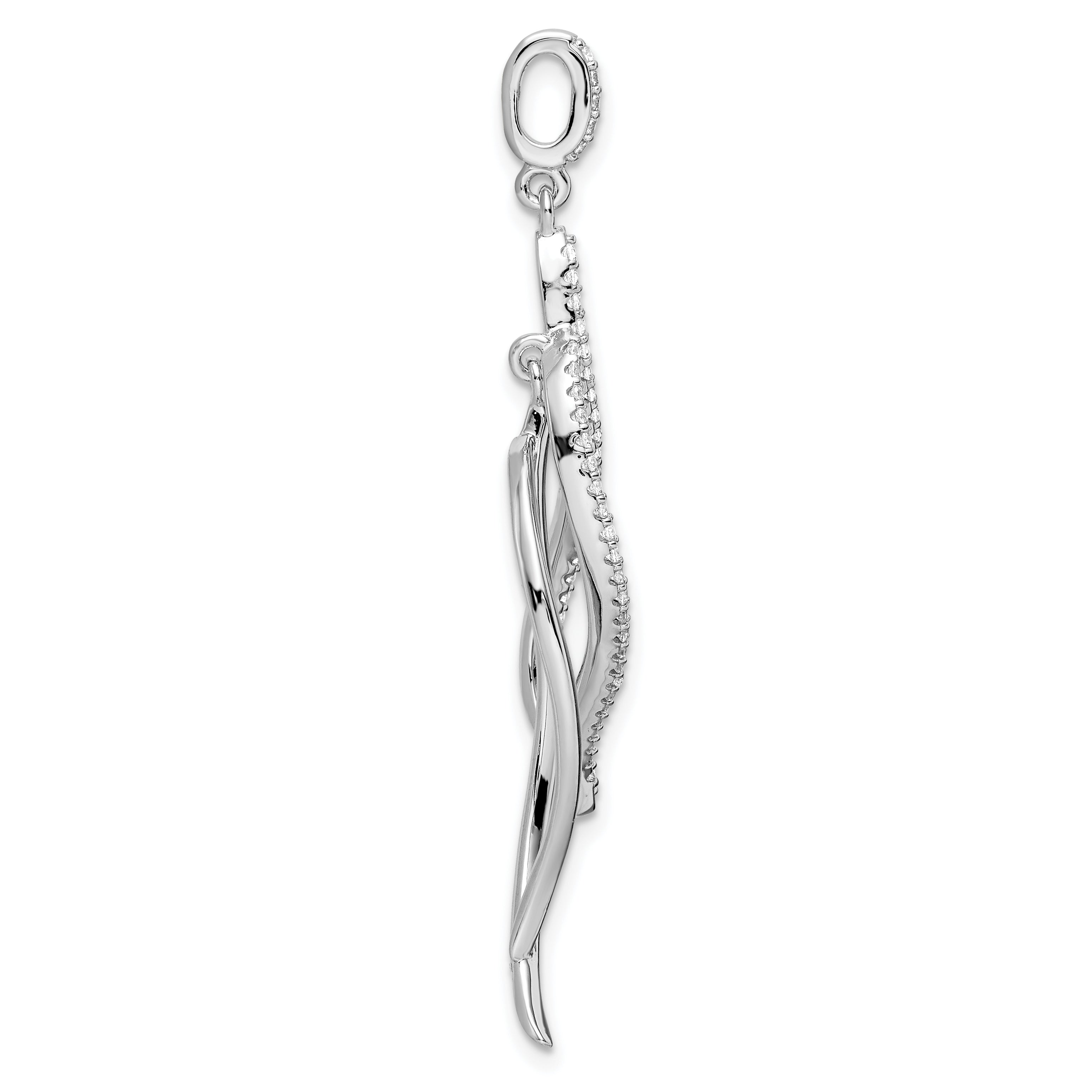Sterling Silver Rhodium-plated CZ Dangle Leaf Pendant Secondary image