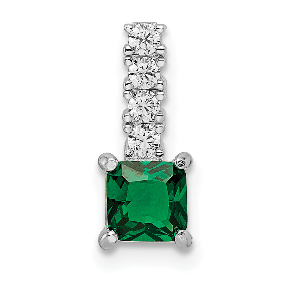 Sterling Silver Polished Rhodium-plated Green & Clear CZ Square Pendant Main image