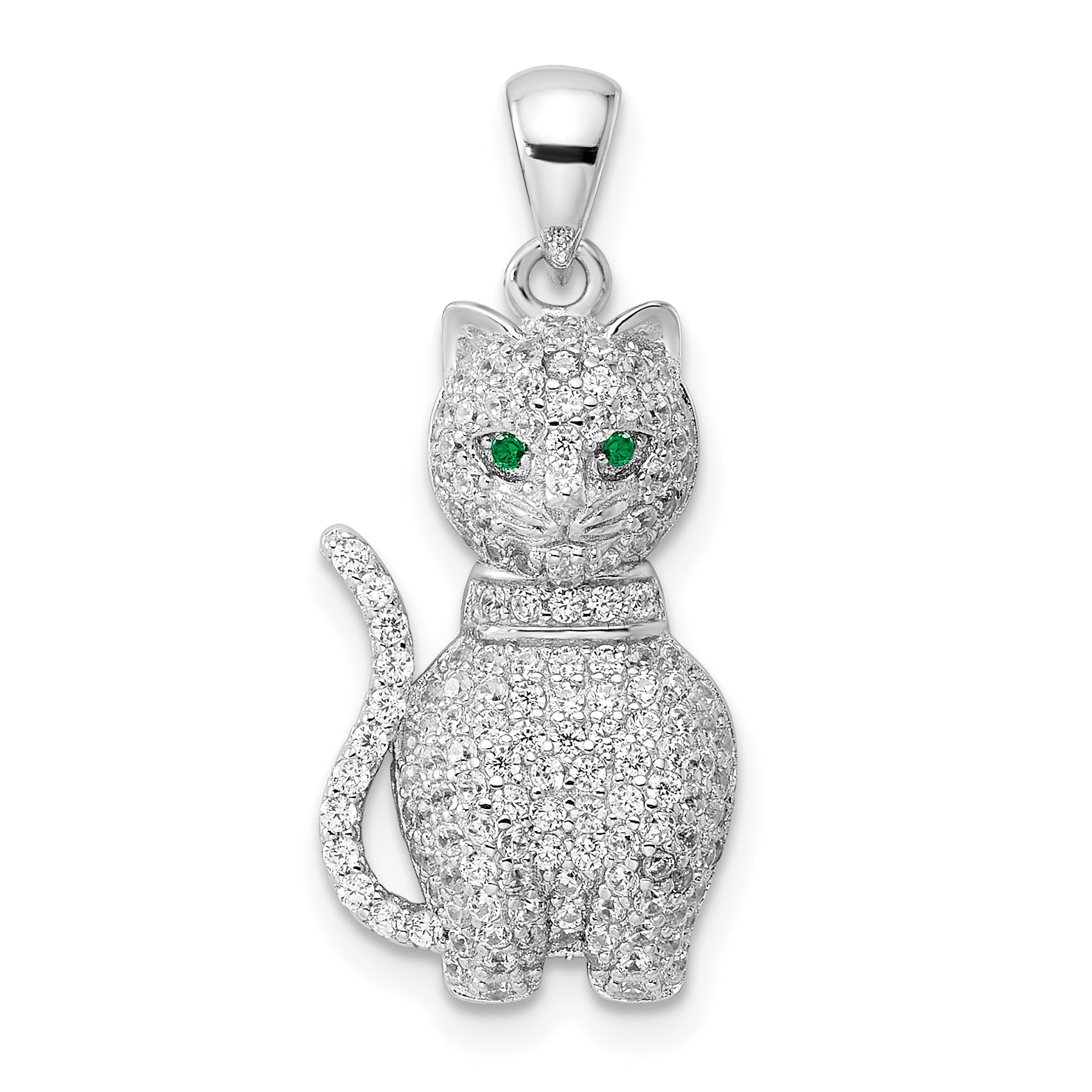 Sterling Silver Rhodium-plated Polished Green & White CZ Cat Pendant Main image