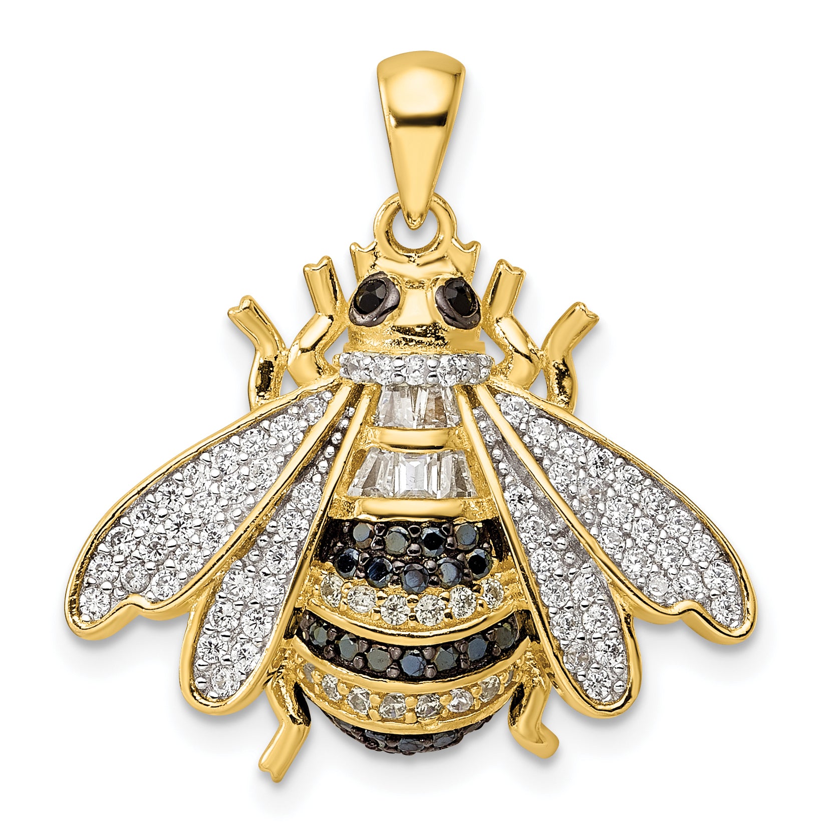 Sterling Silver Blk/White RH-plated Gold Tone CZ Bumblebee Pendant Main image