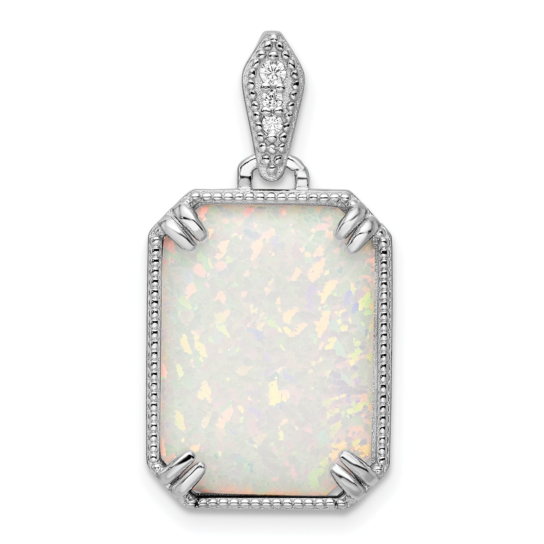 Sterling Silver RH-plated White Created Opal & CZ Beaded Border Pendant Main image