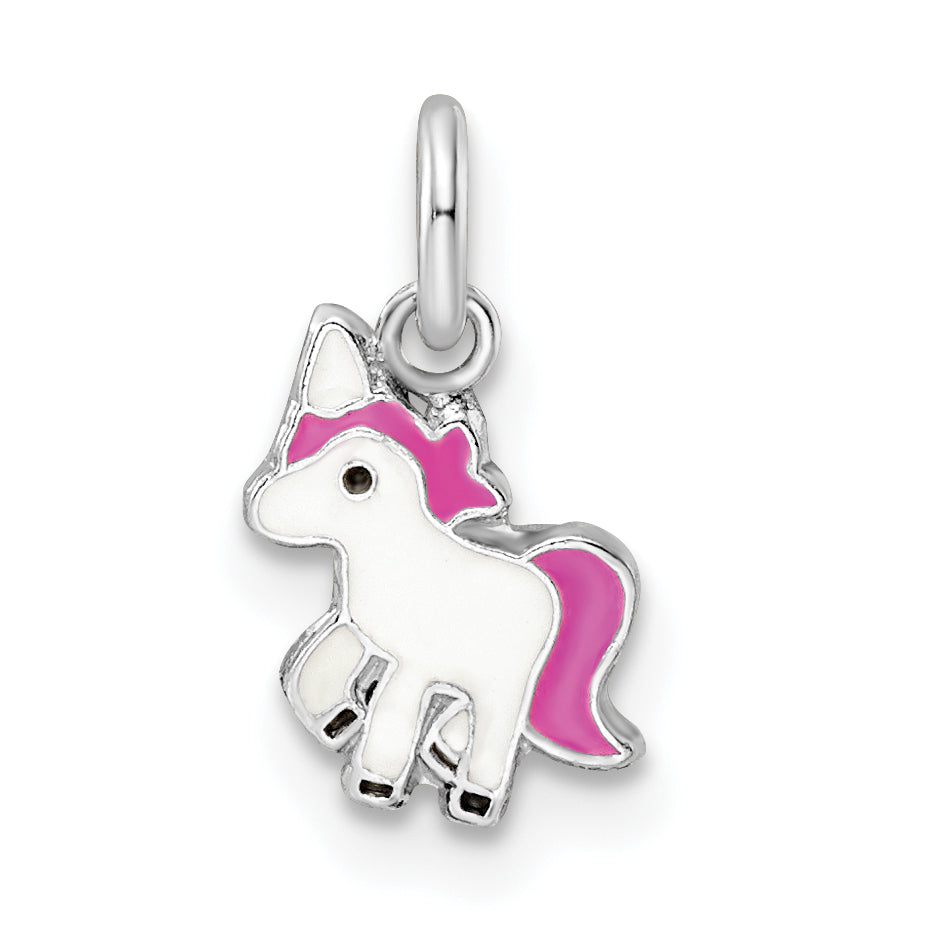 Sterling Silver Rhodium-plated Pink, White & Black Enameled Unicorn Children's Pendant Main image