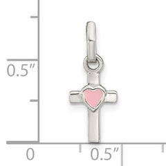Sterling Silver Rhodium-plated Cross Pink Enamel Heart Pendant