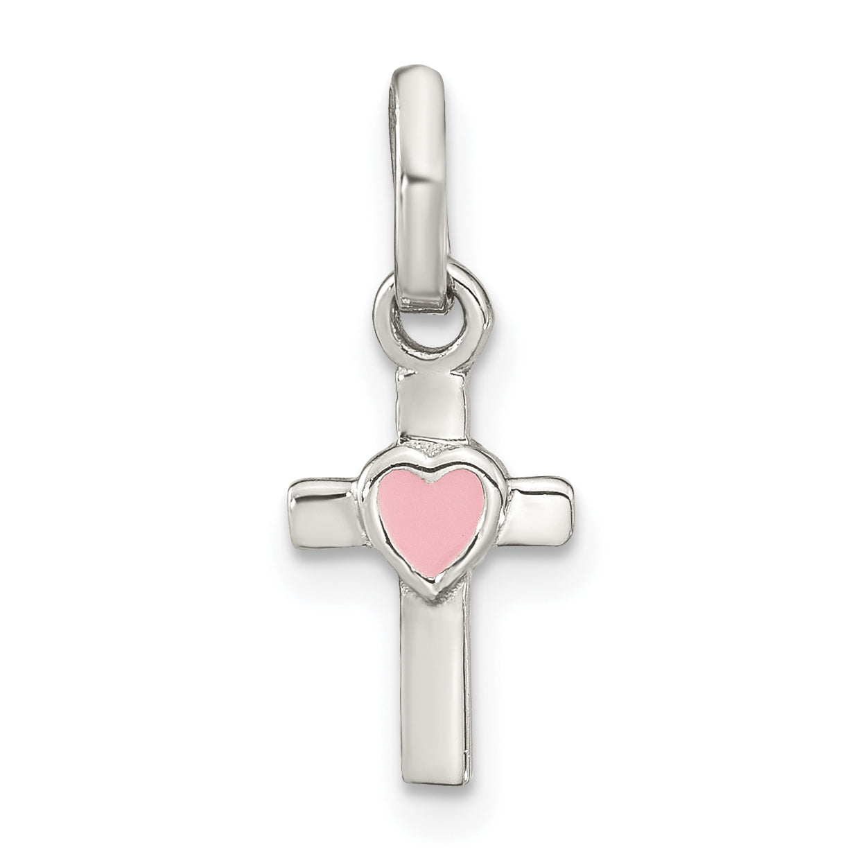 Sterling Silver Rhodium-plated Cross Pink Enamel Heart Pendant Main image