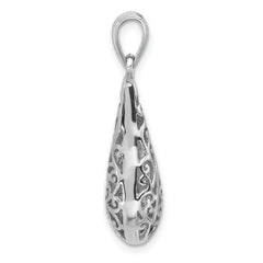 Sterling Silver Rhodium-Plated Polished Puffed Filigree Teardrop Pendant