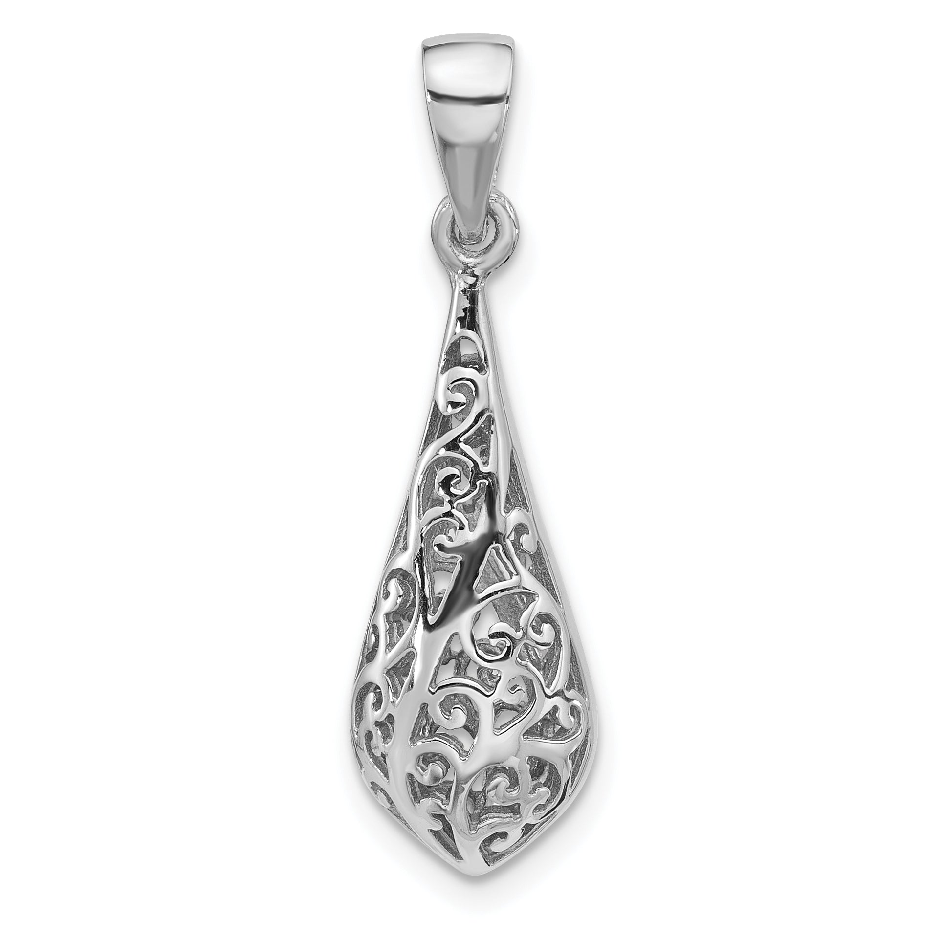Sterling Silver Rhodium-Plated Polished Puffed Filigree Teardrop Pendant
