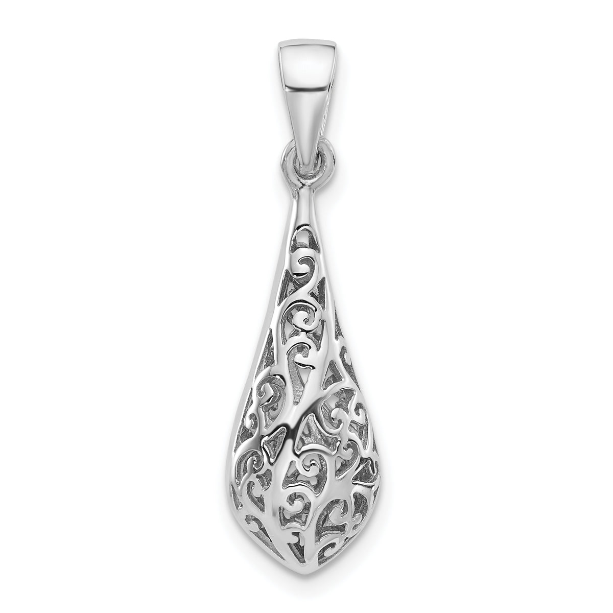Sterling Silver Rhodium-Plated Polished Puffed Filigree Teardrop Pendant