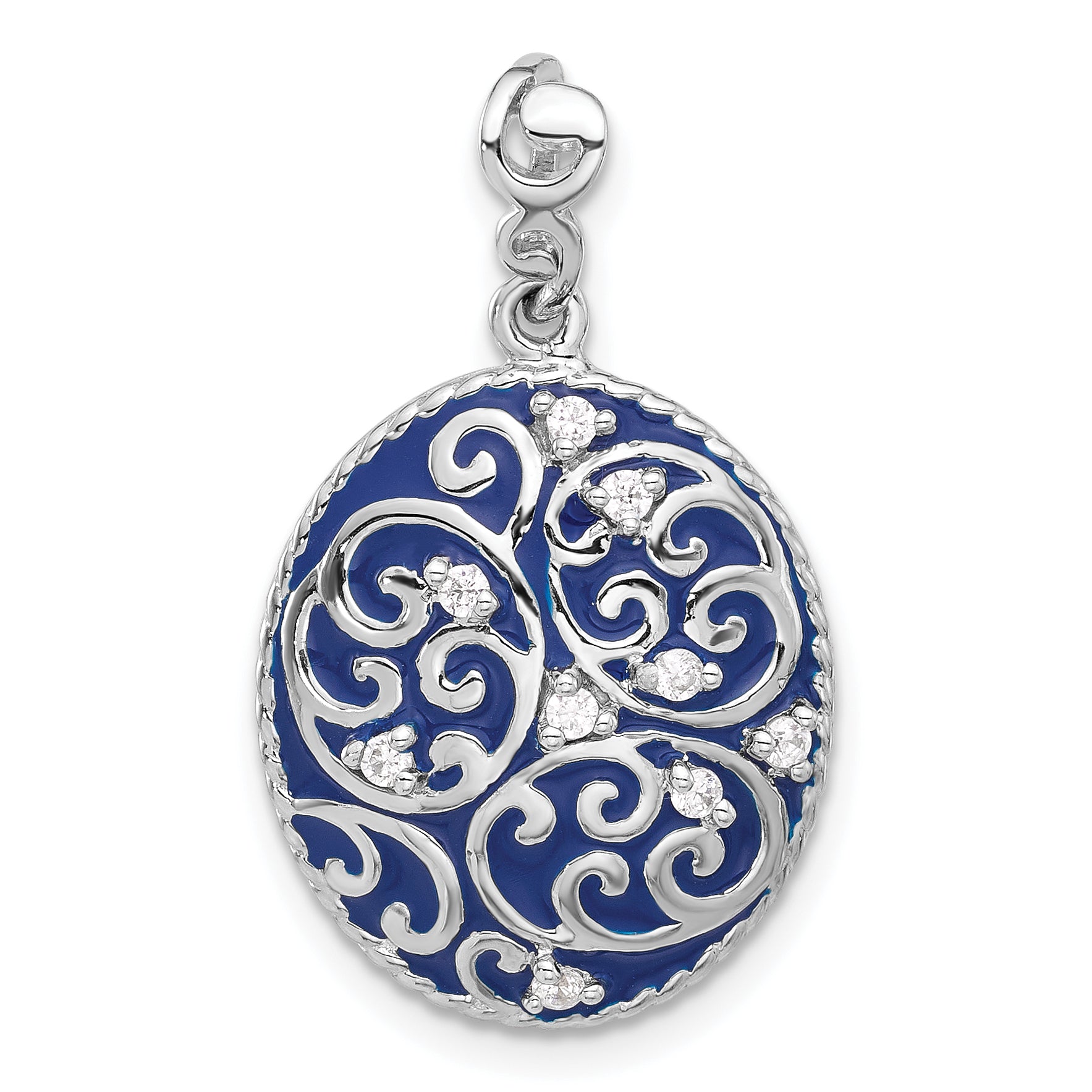 Sterling Silver Rhodium-plated Polished Swirl Blue Enamel CZ Oval Pendant Main image