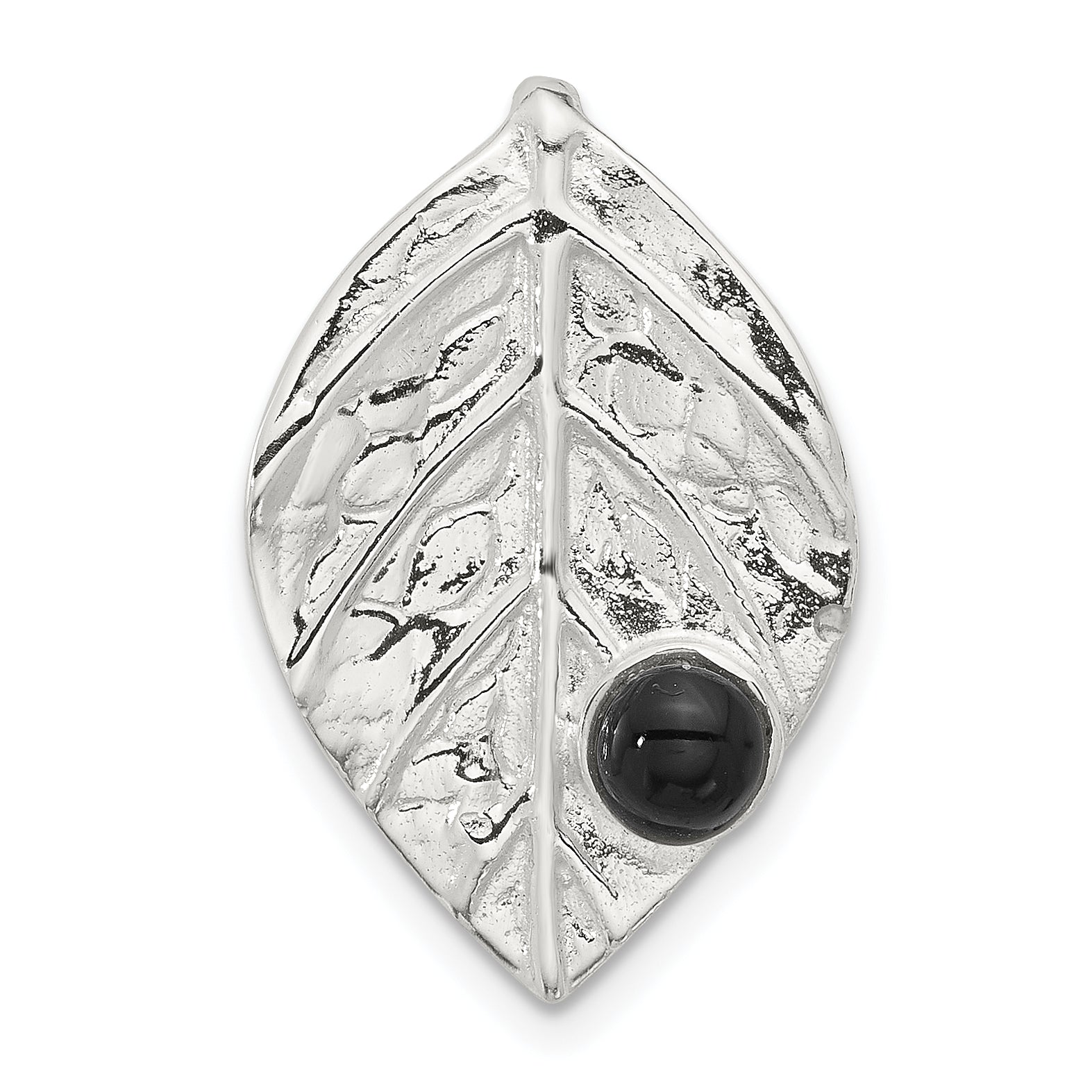 Sterling Silver Polished and Textured with Onyx Leaf Slide Pendant Main image