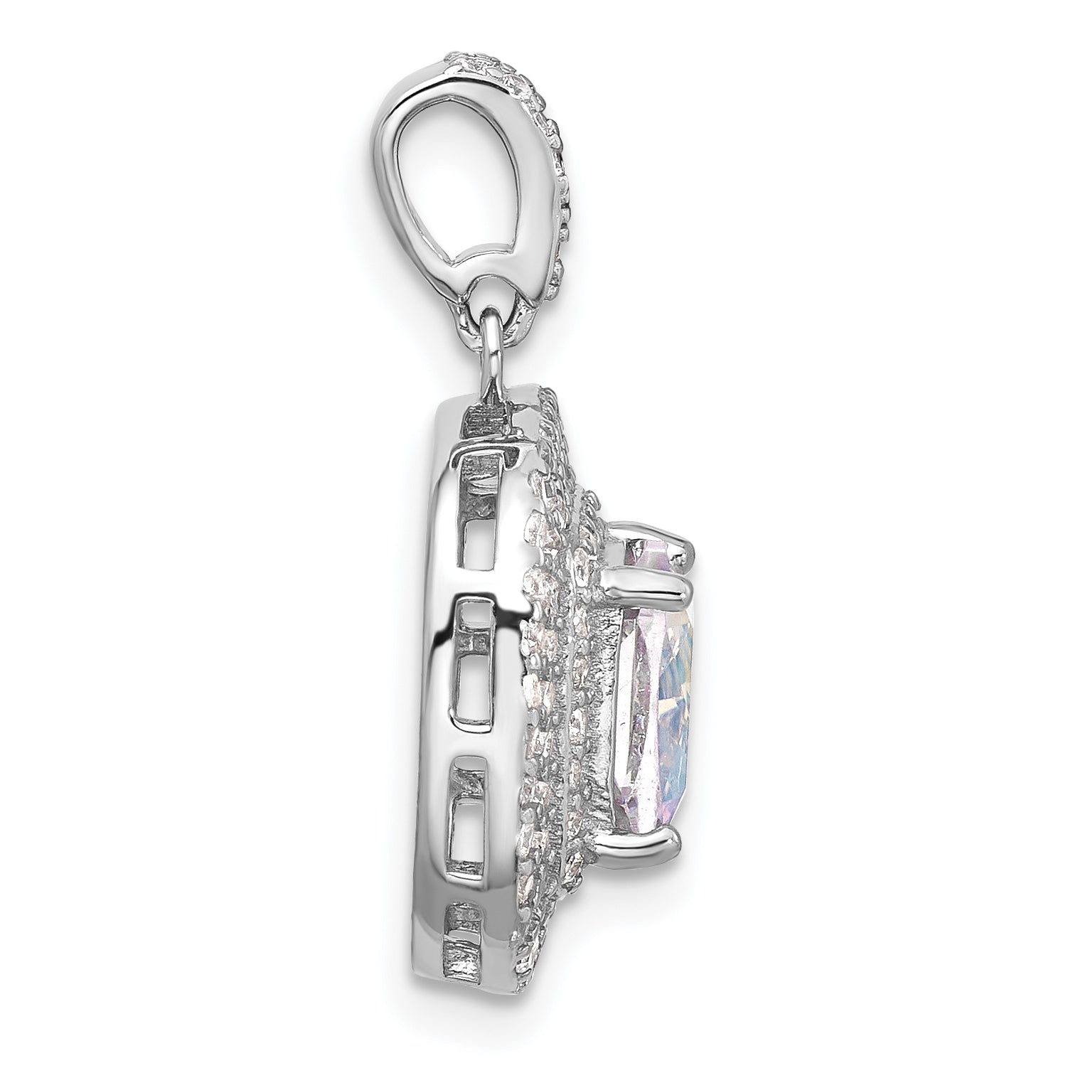 Sterling Silver Rh-plated Clear and Iridescent CZ Square Halo Pendant Secondary image