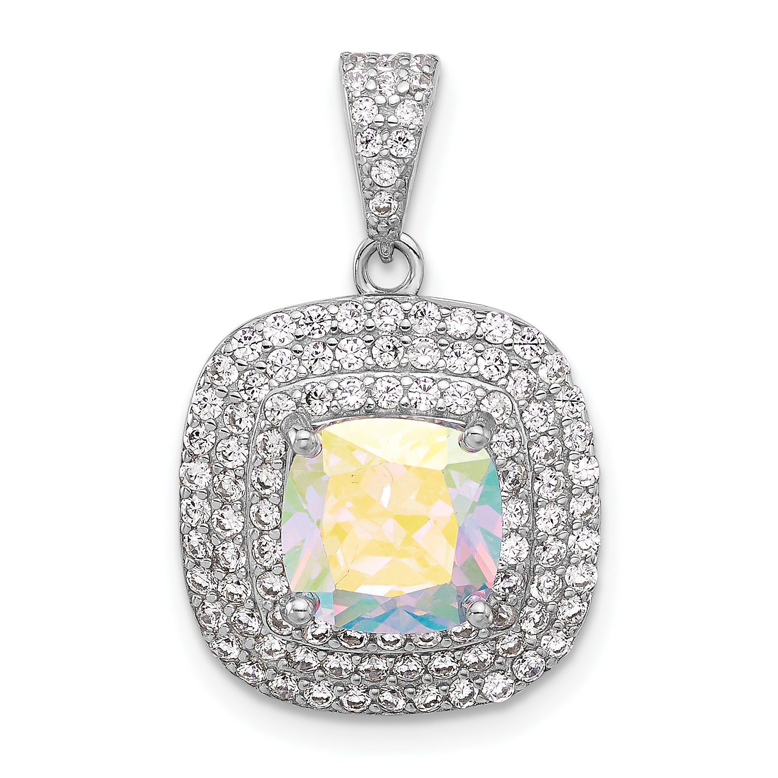 Sterling Silver Rh-plated Clear and Iridescent CZ Square Halo Pendant Main image