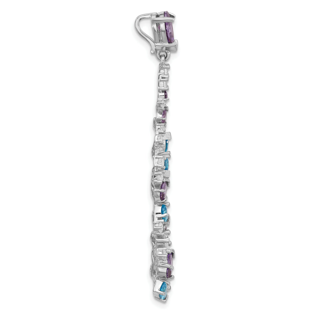 Sterling Silver Rh-plated Polished White/Blue/Purple CZ Teardrop Pendant
