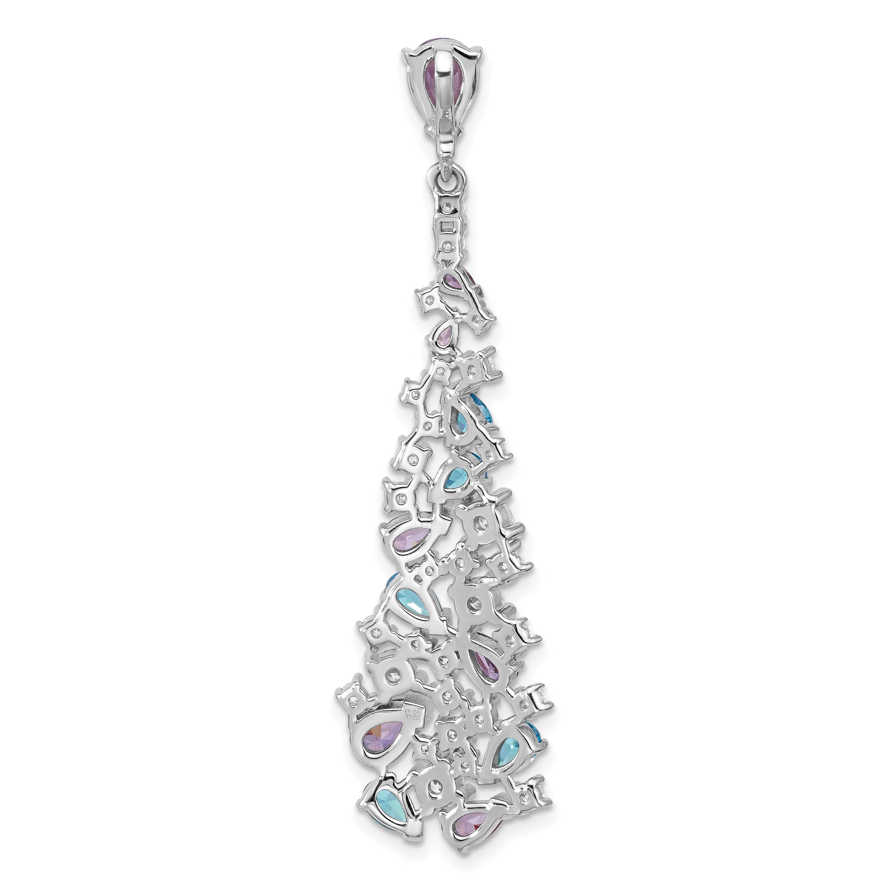 Sterling Silver Rh-plated Polished White/Blue/Purple CZ Teardrop Pendant