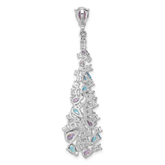 Sterling Silver Rh-plated Polished White/Blue/Purple CZ Teardrop Pendant