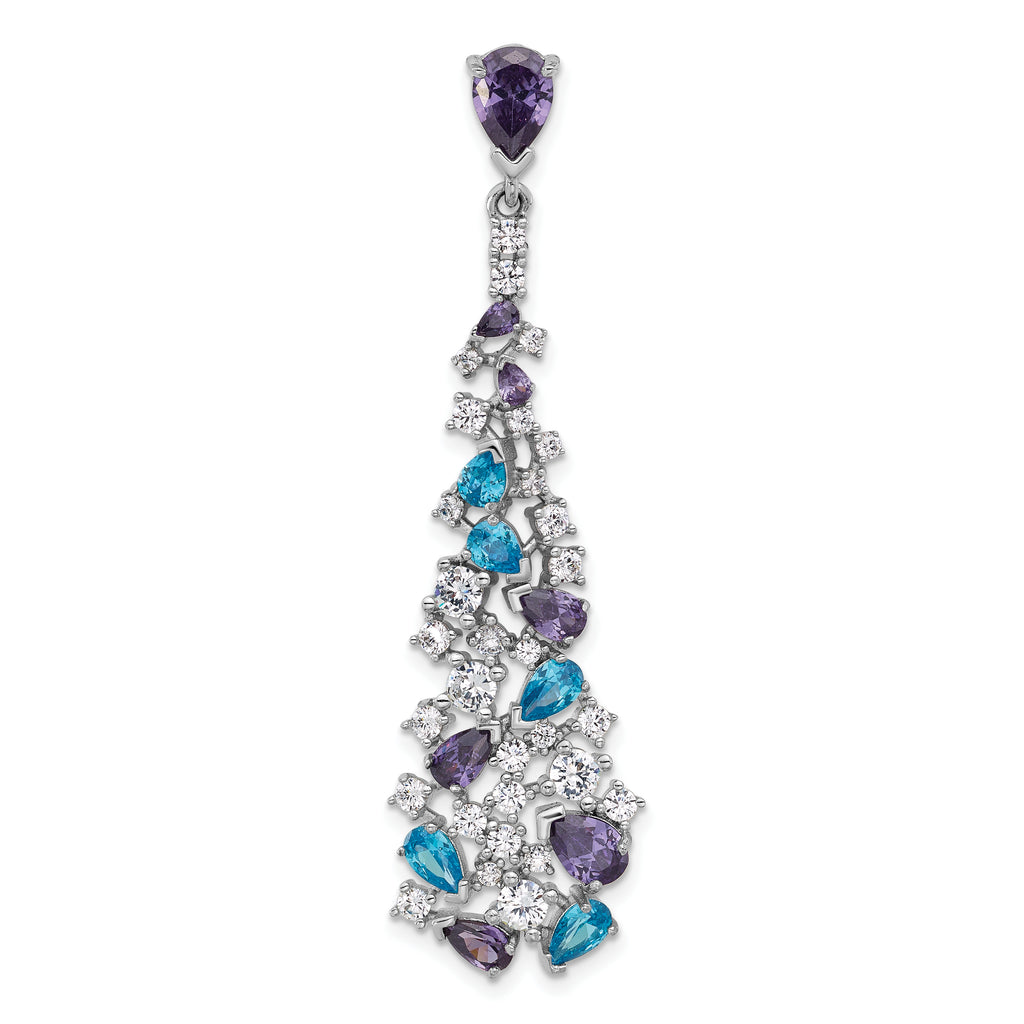 Sterling Silver Rh-plated Polished White/Blue/Purple CZ Teardrop Pendant