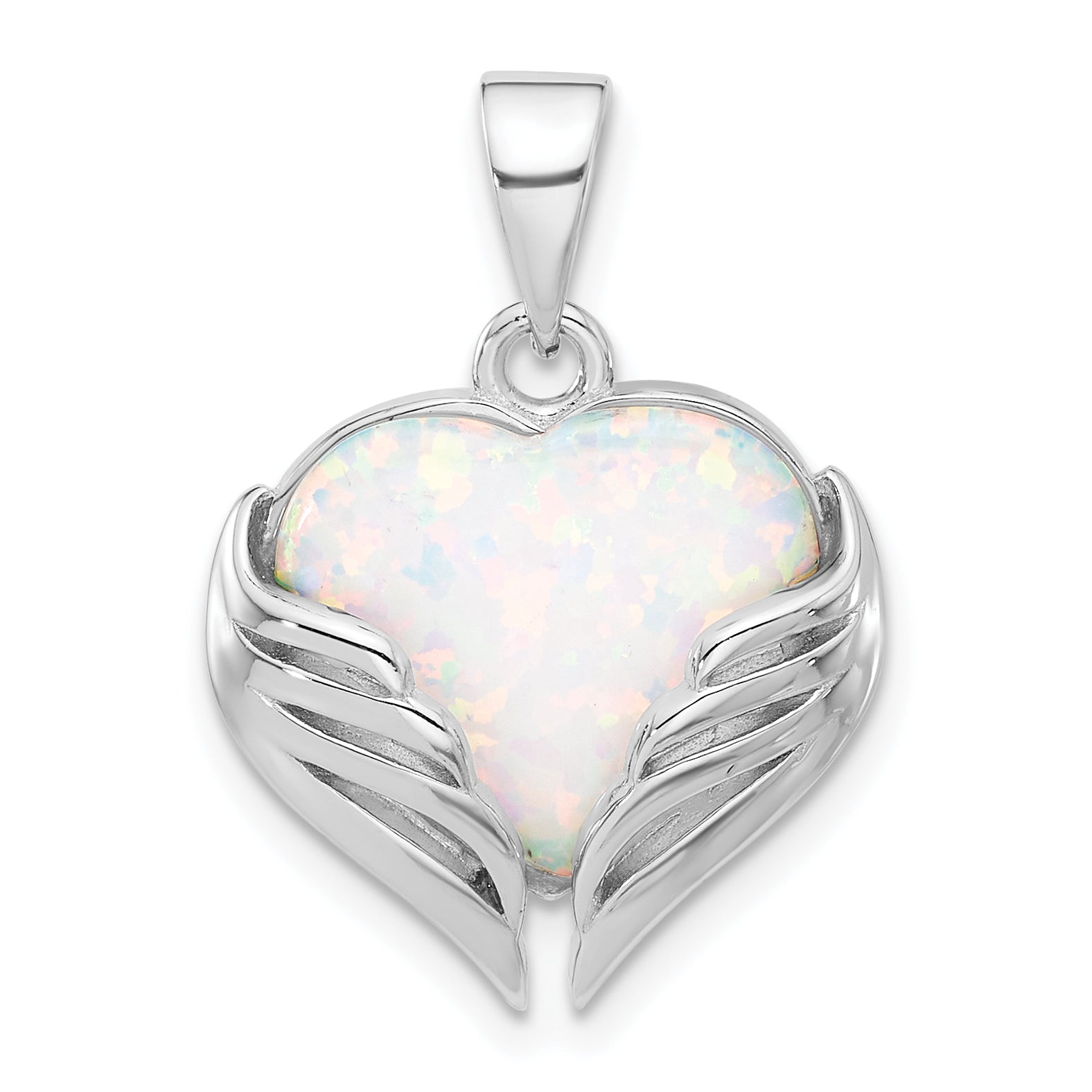 Sterling Silver Rhodium-plated White Created Opal Heart Wings Pendant Main image