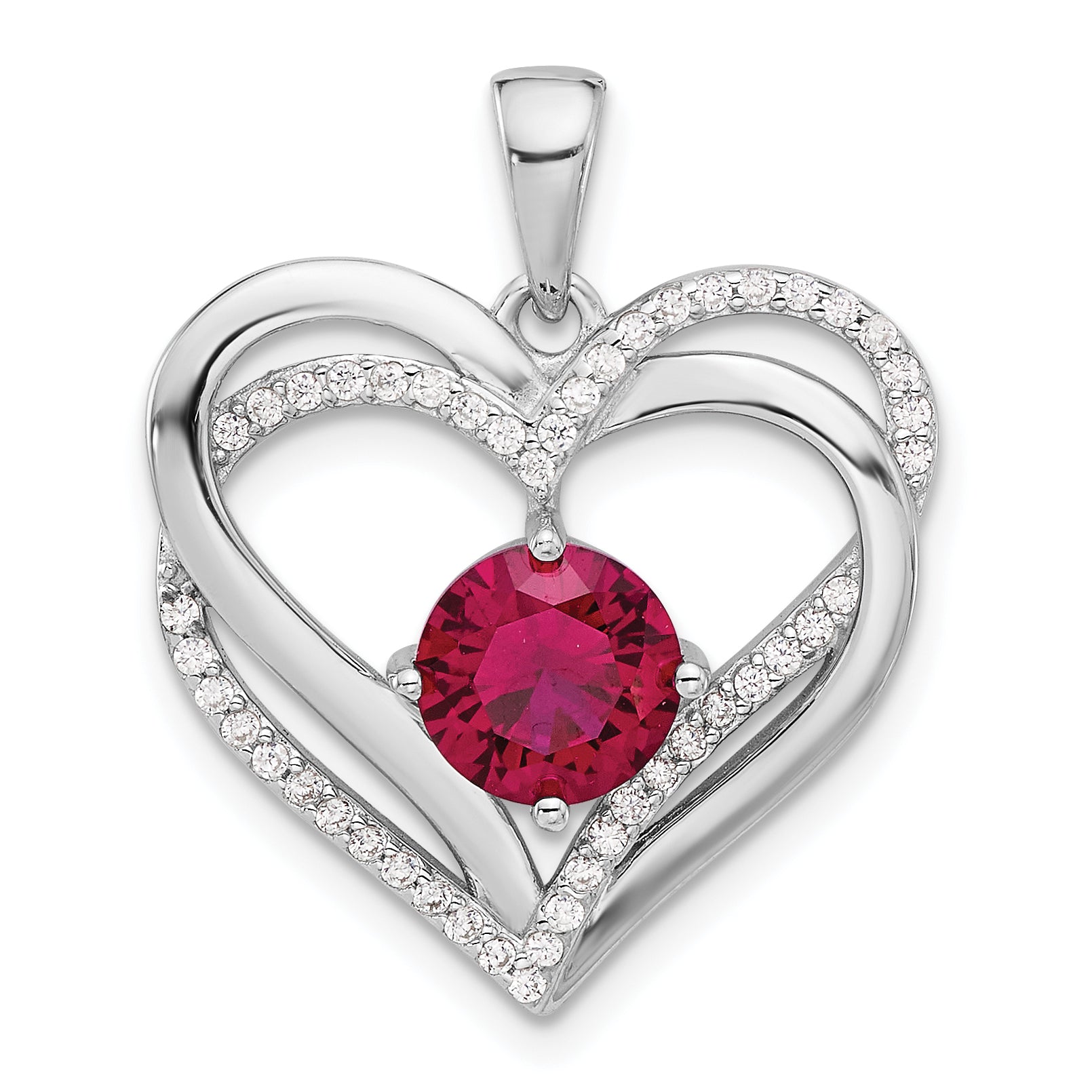 Sterling Silver Rhodium-plated Red and White CZ Double Heart Pendant Main image