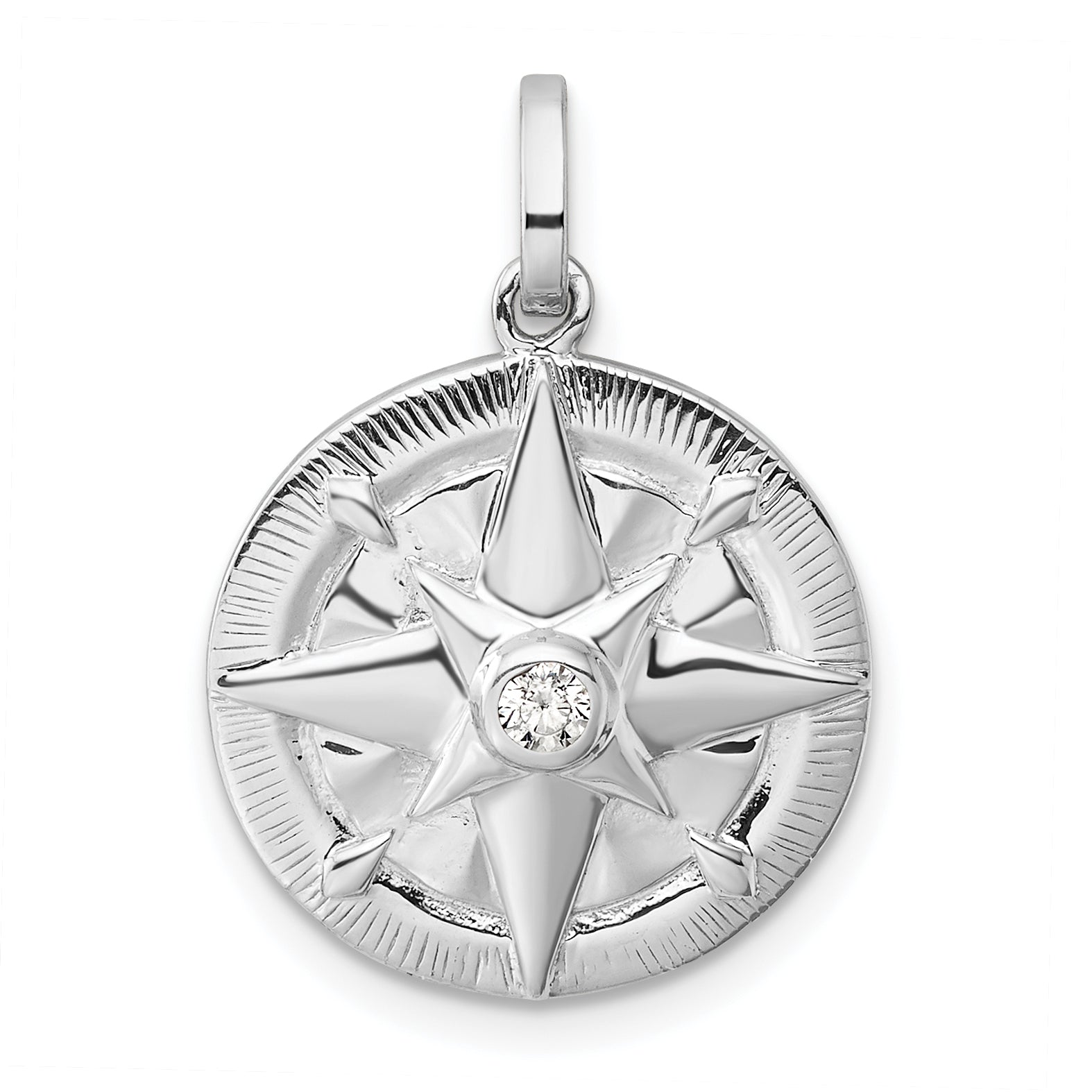 Sterling Silver Rhodium-plated Polished CZ Compass Pendant Main image