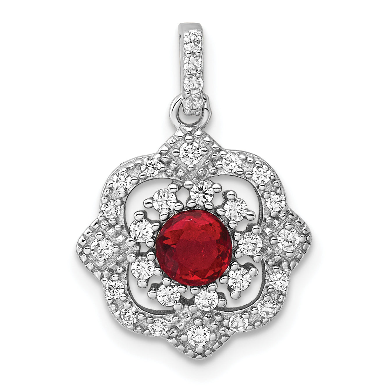 Sterling Silver RH-plated Red Glass & Clear CZ Fancy Vintage Pendant Main image