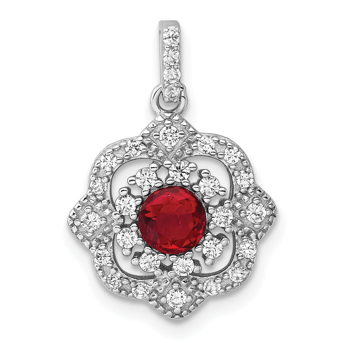Sterling Silver RH-plated Red Glass & Clear CZ Fancy Vintage Pendant
