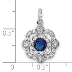 Sterling Silver RH-pltd Blue Glass & Clear CZ Fancy Vintage Pendant