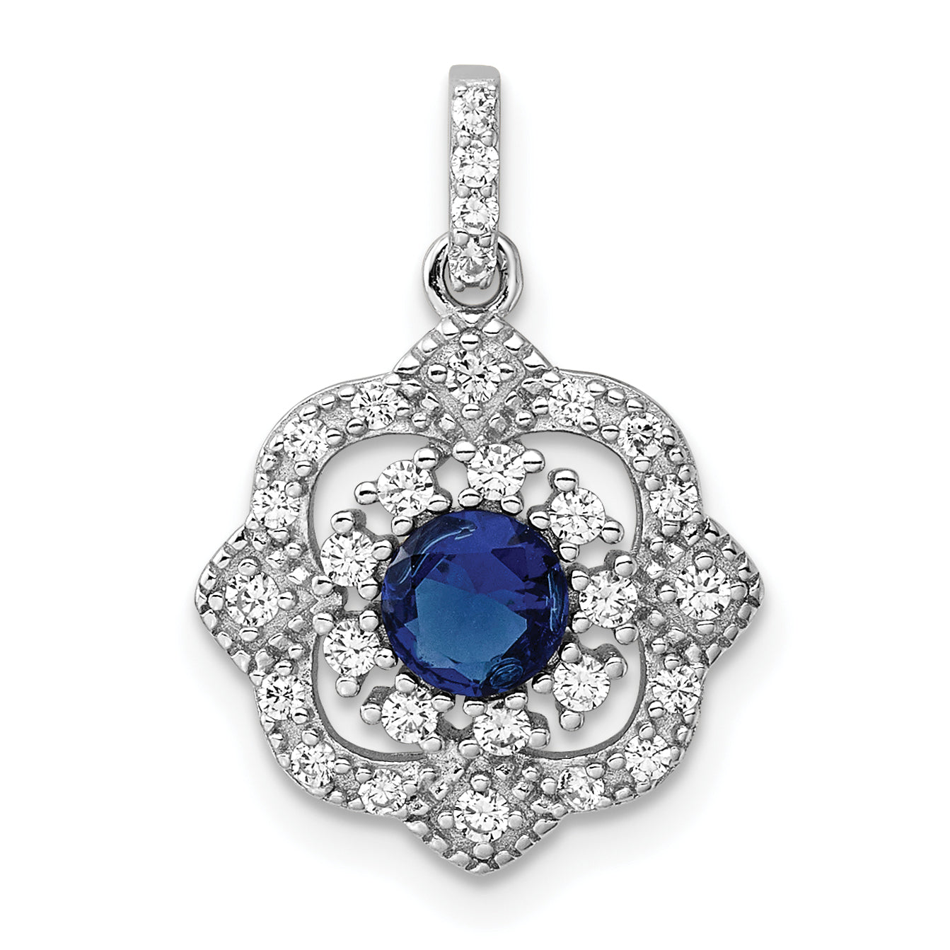 Sterling Silver RH-pltd Blue Glass & Clear CZ Fancy Vintage Pendant Main image