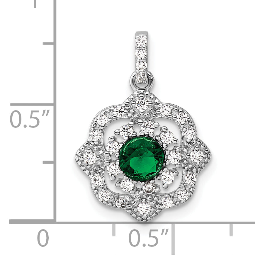 Sterling Silver RH-pltd Green Glass & Clear CZ Fancy Vintage Pendant