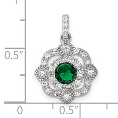 Sterling Silver RH-pltd Green Glass & Clear CZ Fancy Vintage Pendant