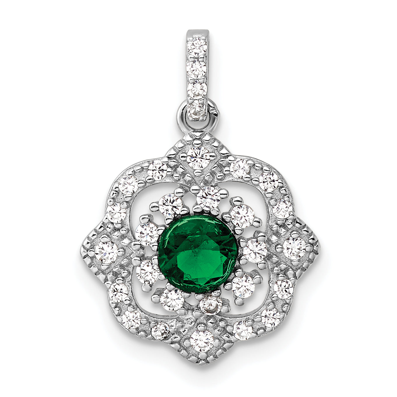 Sterling Silver RH-pltd Green Glass & Clear CZ Fancy Vintage Pendant Main image
