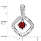 Sterling Silver RH-plated Red Glass & Clear CZ Fancy Square Pendant
