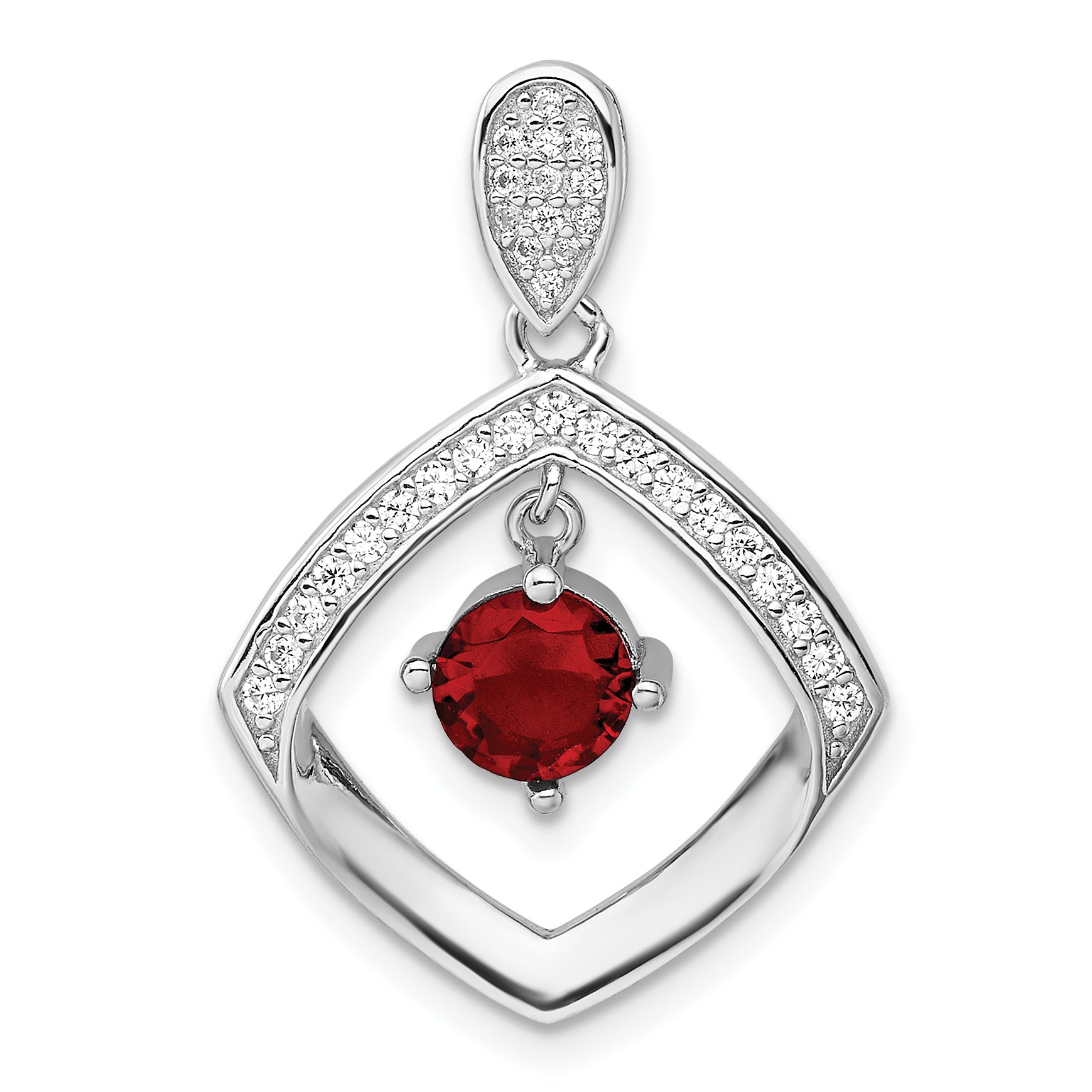 Sterling Silver RH-plated Red Glass & Clear CZ Fancy Square Pendant Main image