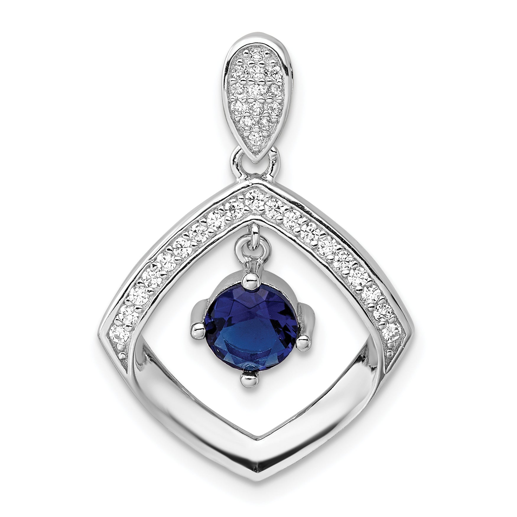 Sterling Silver RH-pltd Blue Glass and Clear CZ Fancy Square Pendant Main image